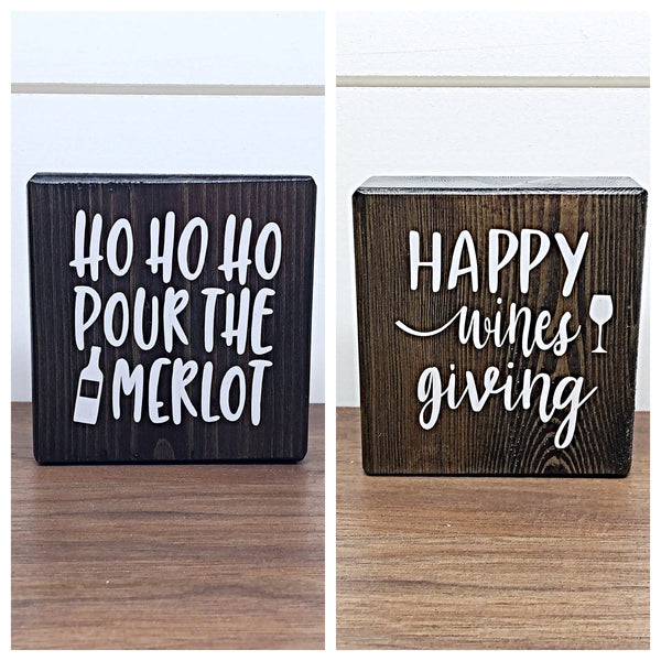 Reversible Holiday Wine Themed Blocks, Set of 5 Rustic Wooden Block Signs, Farmhouse Decor for Shelf, Tabletop or Mantle