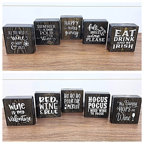 Reversible Holiday Wine Themed Blocks, Set of 5 Rustic Wooden Block Signs, Farmhouse Decor for Shelf, Tabletop or Mantle