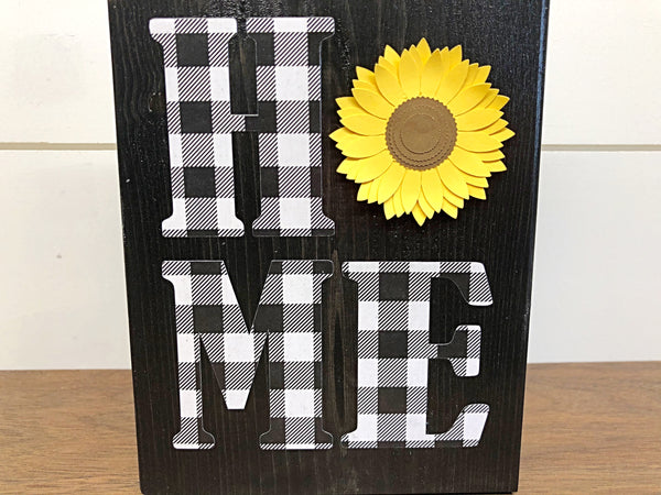 Black Plaid Home Block Sign with Sunflower, Rustic Decor for Shelf, Mantle, Tabletop