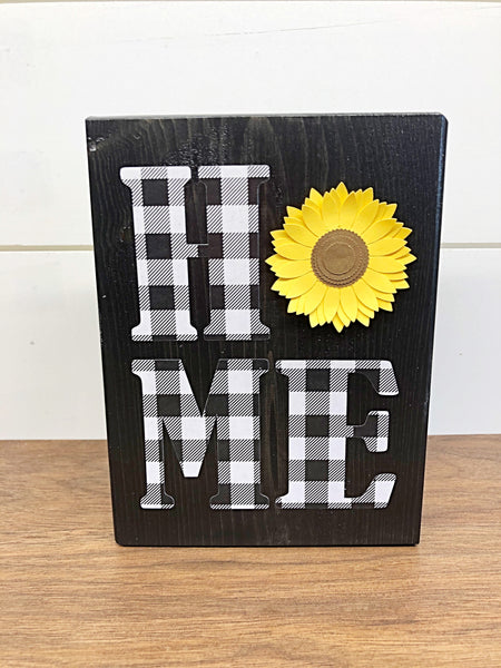 Black Plaid Home Block Sign with Sunflower, Rustic Decor for Shelf, Mantle, Tabletop
