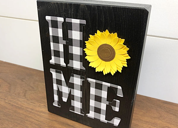 Black Plaid Home Block Sign with Sunflower, Rustic Decor for Shelf, Mantle, Tabletop