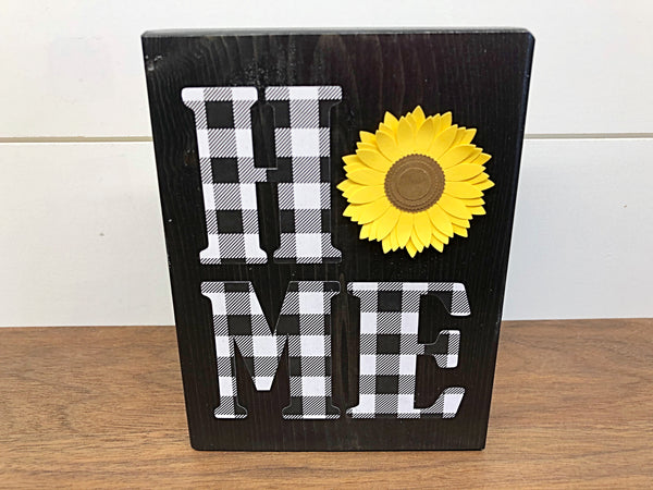 Black Plaid Home Block Sign with Sunflower, Rustic Decor for Shelf, Mantle, Tabletop