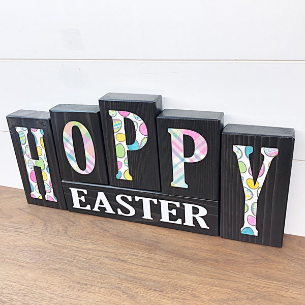 Hello Spring and Hoppy Easter Reversible Wooden Letter Block Set, Double Sided Rustic Decor for Shelf, Mantle or Tabletop