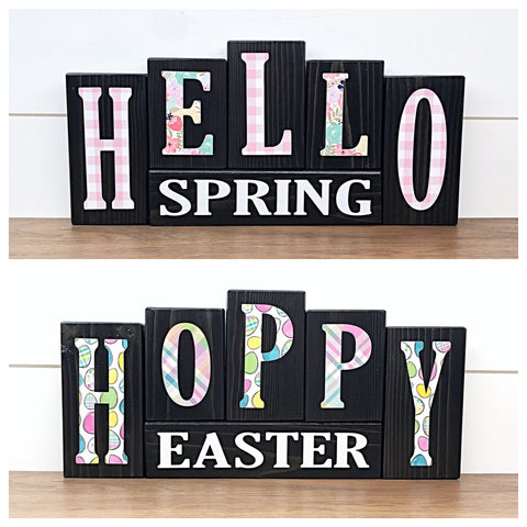 Hello Spring and Hoppy Easter Reversible Wooden Letter Block Set, Double Sided Rustic Decor for Shelf, Mantle or Tabletop