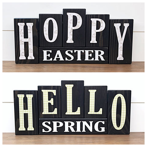 Hello Spring and Hoppy Easter Reversible Wooden Letter Block Set, Double Sided Farmhouse Style Decor for Shelf, Mantle or Tabletop