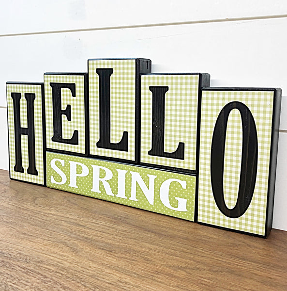 Hello Spring and Hoppy Easter Reversible Wooden Letter Block Set, Double Sided Rustic Farmhouse Decor for Shelf, Mantle or Tabletop