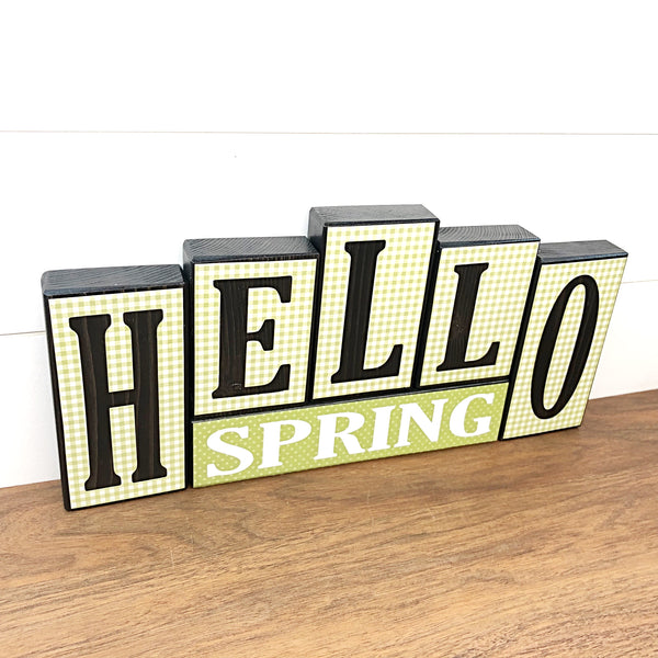 Hello Spring and Hoppy Easter Reversible Wooden Letter Block Set, Double Sided Rustic Farmhouse Decor for Shelf, Mantle or Tabletop