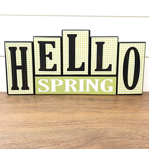 Hello Spring and Hoppy Easter Reversible Wooden Letter Block Set, Double Sided Rustic Farmhouse Decor for Shelf, Mantle or Tabletop