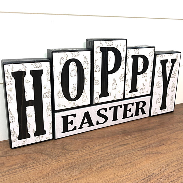 Hello Spring and Hoppy Easter Reversible Wooden Letter Block Set, Double Sided Rustic Farmhouse Decor for Shelf, Mantle or Tabletop