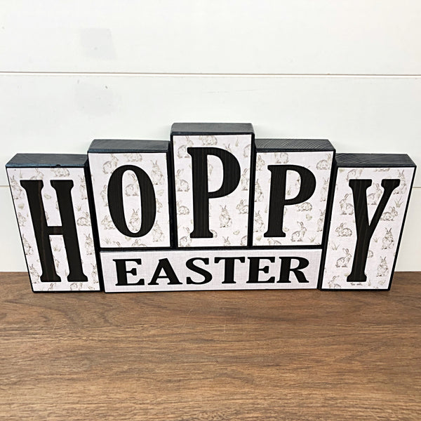 Hello Spring and Hoppy Easter Reversible Wooden Letter Block Set, Double Sided Rustic Farmhouse Decor for Shelf, Mantle or Tabletop