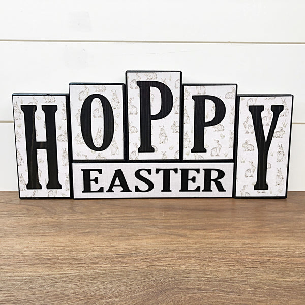 Hello Spring and Hoppy Easter Reversible Wooden Letter Block Set, Double Sided Rustic Farmhouse Decor for Shelf, Mantle or Tabletop