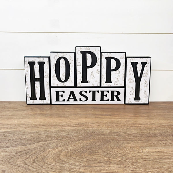 Hello Spring and Hoppy Easter Reversible Wooden Letter Block Set, Double Sided Rustic Farmhouse Decor for Shelf, Mantle or Tabletop