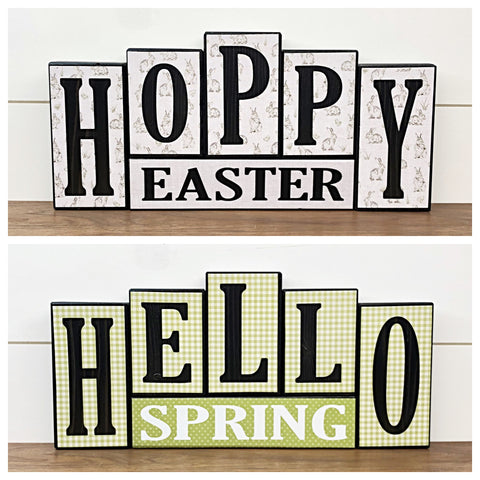 Hello Spring and Hoppy Easter Reversible Wooden Letter Block Set, Double Sided Rustic Farmhouse Decor for Shelf, Mantle or Tabletop