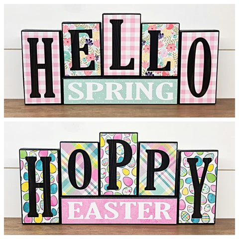 Hoppy Easter and Hello Spring Reversible Wooden Letter Block Set, Double Sided Rustic Decor for Shelf, Mantle or Tabletop
