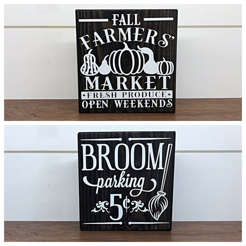 Fall and Halloween Reversible Block Sign, Broom Parking and Fall Farmers Market Wooden Farmhouse Decor