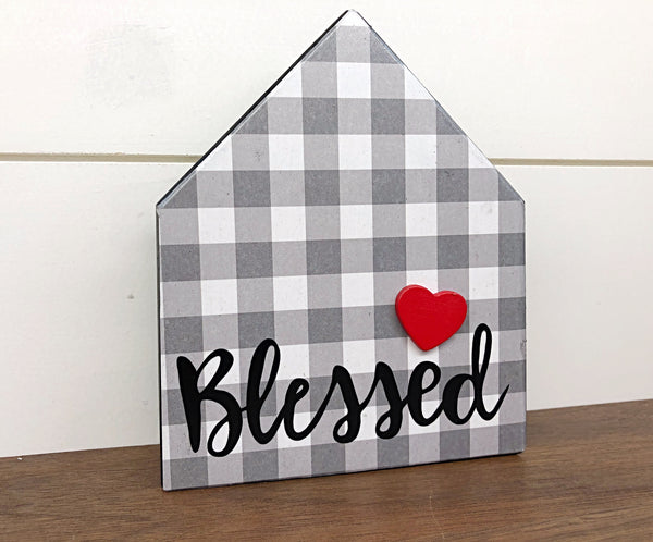 Wooden House Block Sign, Gray and White Plaid Blessed, Farmhouse Style Home Decor for Mantle, Tabletop or Shelf