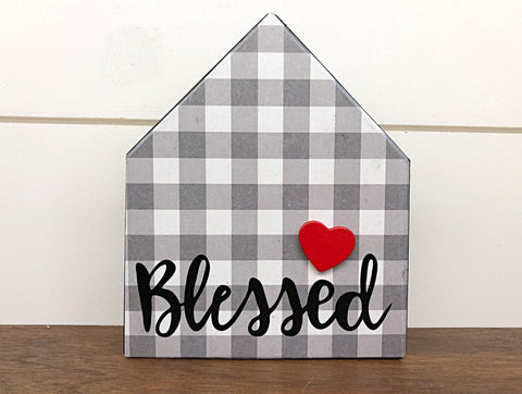 Wooden House Block Sign, Gray and White Plaid Blessed, Farmhouse Style Home Decor for Mantle, Tabletop or Shelf