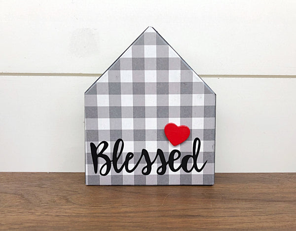 Wooden House Block Sign, Gray and White Plaid Blessed, Farmhouse Style Home Decor for Mantle, Tabletop or Shelf