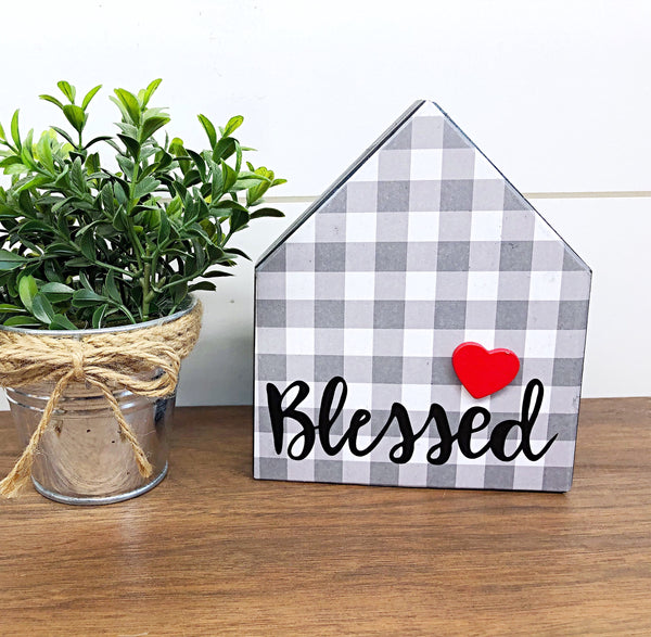 Wooden House Block Sign, Gray and White Plaid Blessed, Farmhouse Style Home Decor for Mantle, Tabletop or Shelf