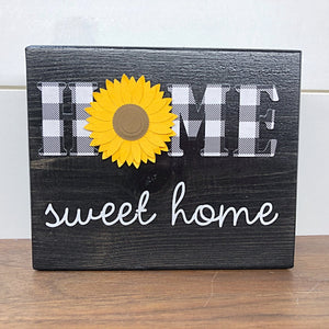 Home Sweet Home Sunflower Shelf Sign, Rustic Wooden Black and White Plaid Block, Farmhouse Style Decor