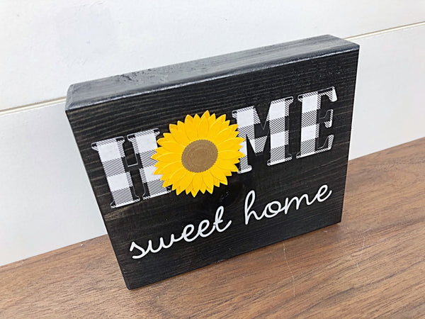 Home Sweet Home Sunflower Shelf Sign, Rustic Wooden Black and White Plaid Block, Farmhouse Style Decor