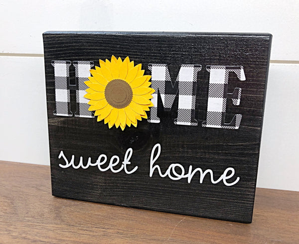 Home Sweet Home Sunflower Shelf Sign, Rustic Wooden Black and White Plaid Block, Farmhouse Style Decor