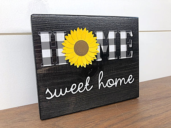 Home Sweet Home Sunflower Shelf Sign, Rustic Wooden Black and White Plaid Block, Farmhouse Style Decor