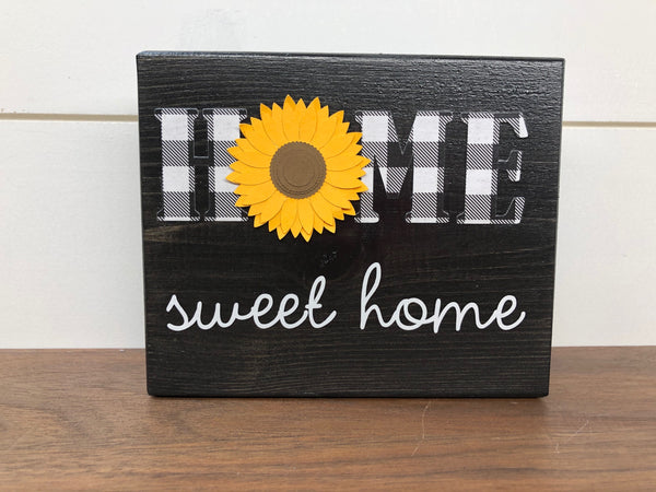 Home Sweet Home Sunflower Shelf Sign, Rustic Wooden Black and White Plaid Block, Farmhouse Style Decor