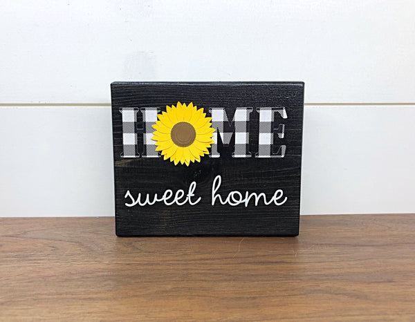 Home Sweet Home Sunflower Shelf Sign, Rustic Wooden Black and White Plaid Block, Farmhouse Style Decor