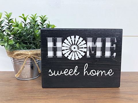 Home Sweet Home Windmill Shelf Sign, Rustic Wooden Black and White Plaid Block, Farmhouse Style Decor