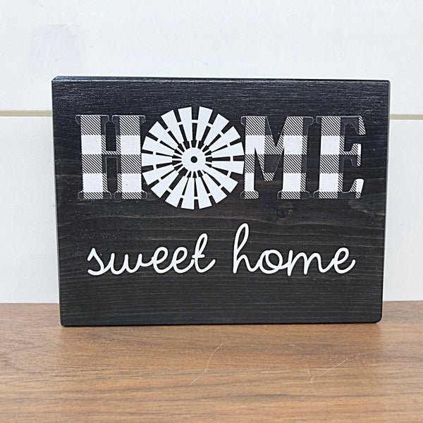 Home Sweet Home Windmill Shelf Sign, Rustic Wooden Black and White Plaid Block, Farmhouse Style Decor