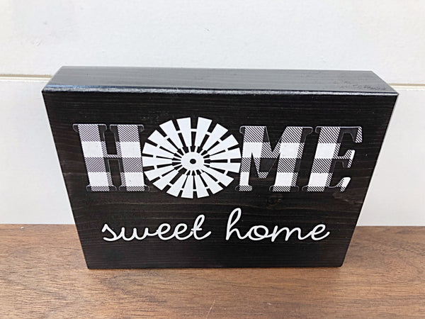 Home Sweet Home Windmill Shelf Sign, Rustic Wooden Black and White Plaid Block, Farmhouse Style Decor