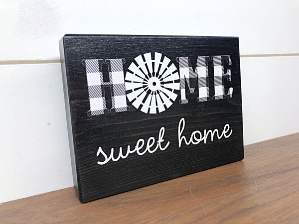 Home Sweet Home Windmill Shelf Sign, Rustic Wooden Black and White Plaid Block, Farmhouse Style Decor