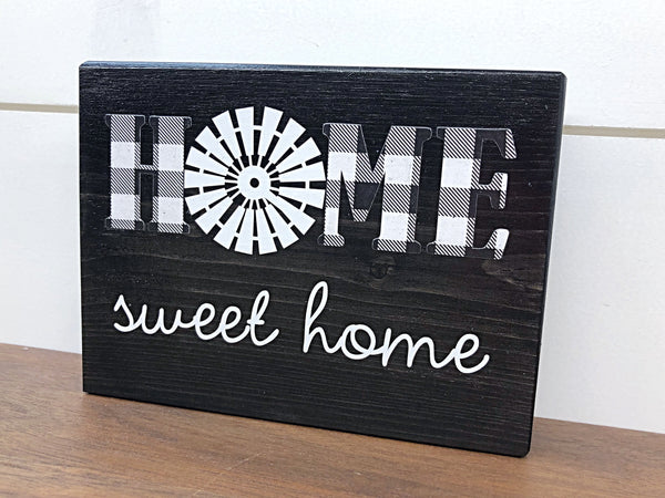 Home Sweet Home Windmill Shelf Sign, Rustic Wooden Black and White Plaid Block, Farmhouse Style Decor