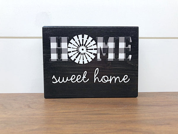 Home Sweet Home Windmill Shelf Sign, Rustic Wooden Black and White Plaid Block, Farmhouse Style Decor