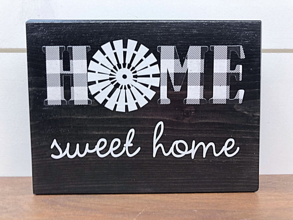 Home Sweet Home Windmill Shelf Sign, Rustic Wooden Black and White Plaid Block, Farmhouse Style Decor