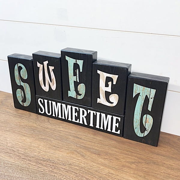 Reversible Happy 4th of July and Sweet Summertime Rustic Wooden Letter Block Set, Double Sided Decor for Shelf, Mantle or Tabletop
