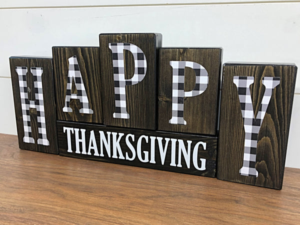 Reversible Plaid Merry Christmas and Happy Thanksgiving Letter Block Set for Mantle or Shelf Decor