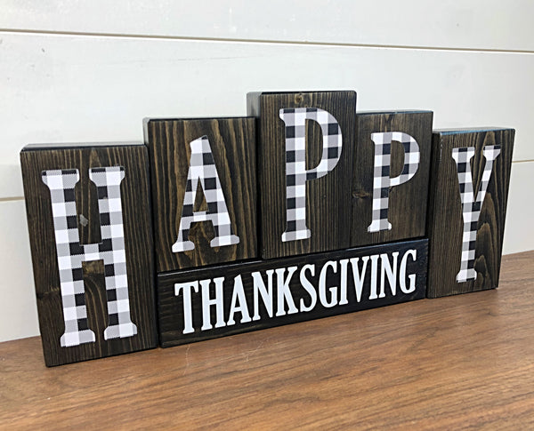 Reversible Plaid Merry Christmas and Happy Thanksgiving Letter Block Set for Mantle or Shelf Decor