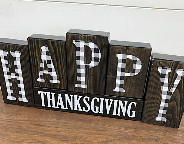 Reversible Plaid Merry Christmas and Happy Thanksgiving Letter Block Set for Mantle or Shelf Decor