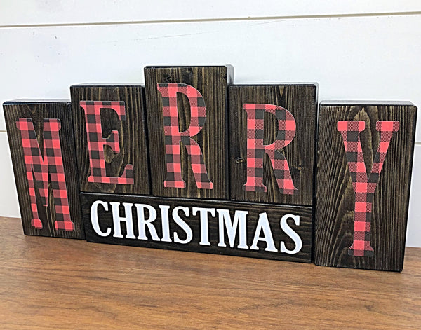 Reversible Plaid Merry Christmas and Happy Thanksgiving Letter Block Set for Mantle or Shelf Decor