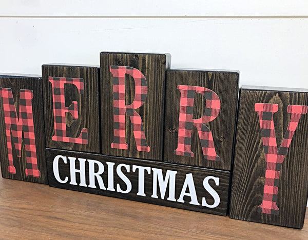 Reversible Plaid Merry Christmas and Happy Thanksgiving Letter Block Set for Mantle or Shelf Decor