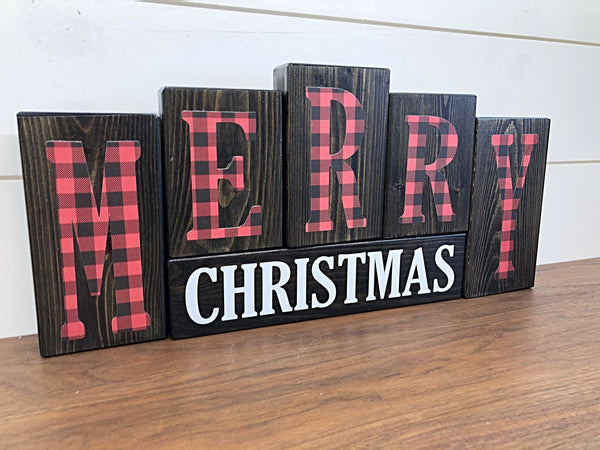 Reversible Plaid Merry Christmas and Happy Thanksgiving Letter Block Set for Mantle or Shelf Decor