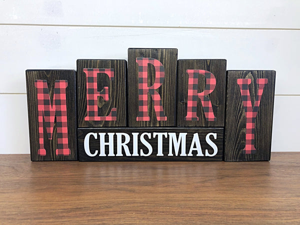 Reversible Plaid Merry Christmas and Happy Thanksgiving Letter Block Set for Mantle or Shelf Decor