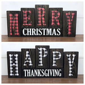 Reversible Plaid Merry Christmas and Happy Thanksgiving Letter Block Set for Mantle or Shelf Decor