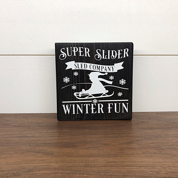 Christmas and Winter Reversible Block Sign, Farm Fresh Christmas Trees and Super Slider Sled Company Wooden Farmhouse Decor