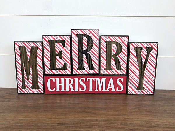 Reversible Merry Christmas and Hello Winter Letter Block Set - Red White and Gray Decor for Shelf, Table or Mantle
