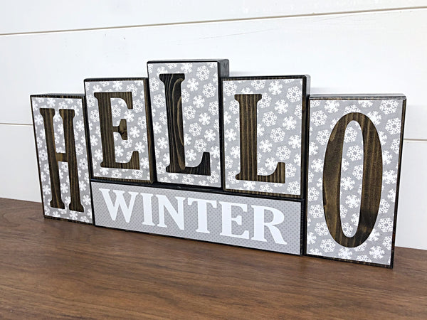 Reversible Merry Christmas and Hello Winter Letter Block Set - Red White and Gray Decor for Shelf, Table or Mantle