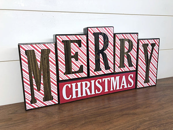 Reversible Merry Christmas and Hello Winter Letter Block Set - Red White and Gray Decor for Shelf, Table or Mantle