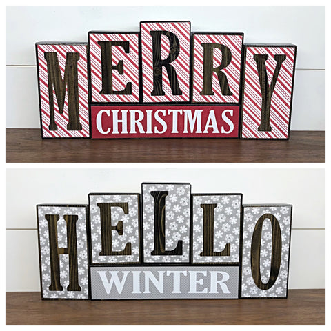 Reversible Merry Christmas and Hello Winter Letter Block Set - Red White and Gray Decor for Shelf, Table or Mantle